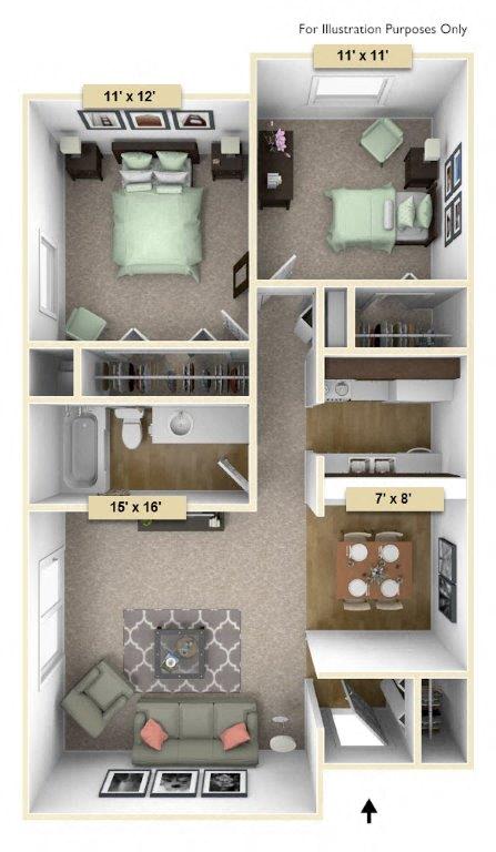 Floor plan for 2 beds, 1 bath, 925 sqft